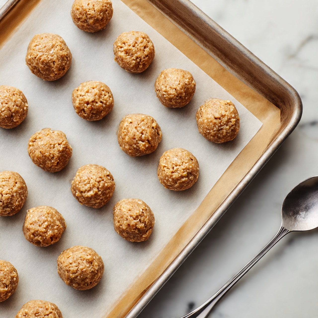 The image shows a baking tray lined with parchment paper holding 20 small raw cookie dough balls evenly spaced in a grid pattern. Each dough ball is round with a rough, textured surface, light brown in color, and slightly different in shape and size. The tray edges are visible, and the background features a soft focus on a white marbled surface. A silver spoon is partially visible to the right, resting on the corner of the tray. photo taken with an iphone --ar 4:5 --v 7