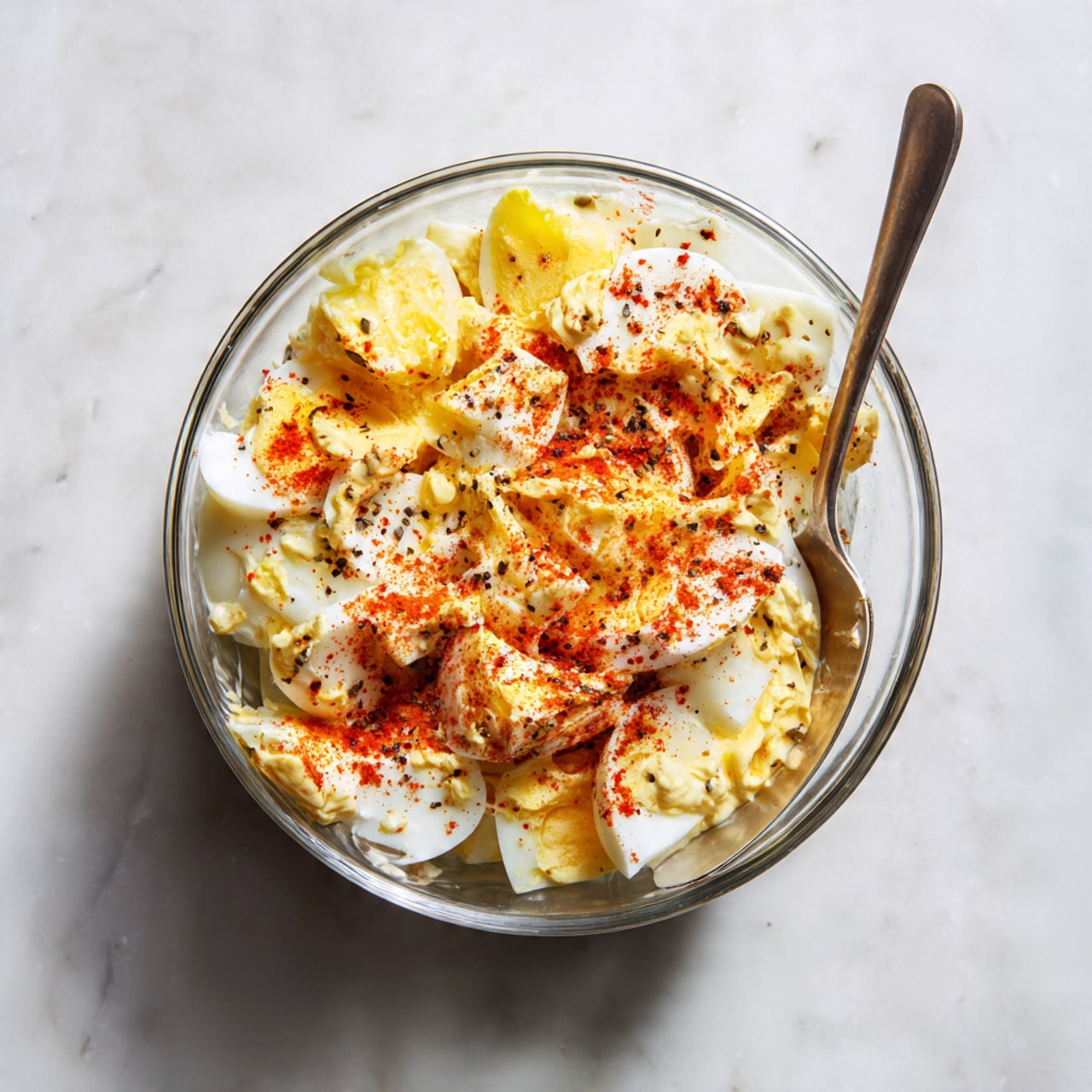 A clear glass bowl sits on a white marbled surface filled with chopped hard-boiled eggs layered with dollops of light yellow mustard and creamy white mayonnaise. On top of these, a bright red spice, likely paprika, and some black pepper are sprinkled, creating colorful spots. A silver spoon rests inside the bowl, slightly covered by the condiments and spices. The overall look is simple but textured with the soft egg pieces and smooth sauces. photo taken with an iphone --ar 4:5 --v 7