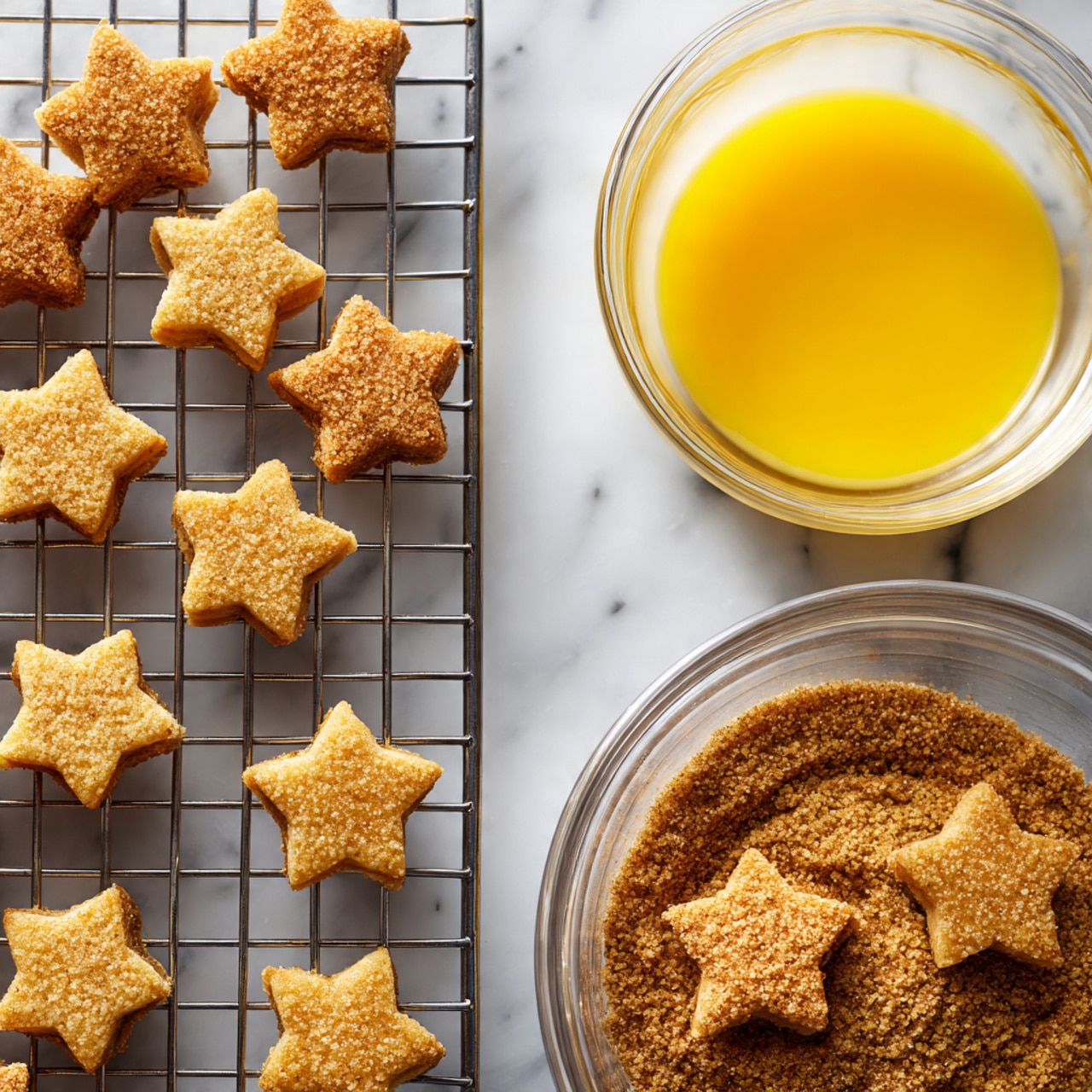A close-up view of several star-shaped cookies layered flat on crinkled white parchment paper over a white marbled surface. The cookies have a golden brown color with a visible coating of granular cinnamon sugar, giving them a slightly rough texture. The stars vary in size, with some larger stars overlapping smaller ones, creating depth. The edges are slightly raised and the surface shows a fine grainy coating throughout. photo taken with an iphone --ar 4:5 --v 7