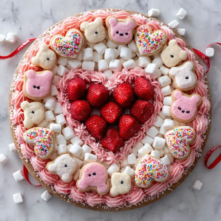 Pink Heart-Shaped Charcuterie Board with Marshmallows, Animal Crackers, and Strawberries Recipe