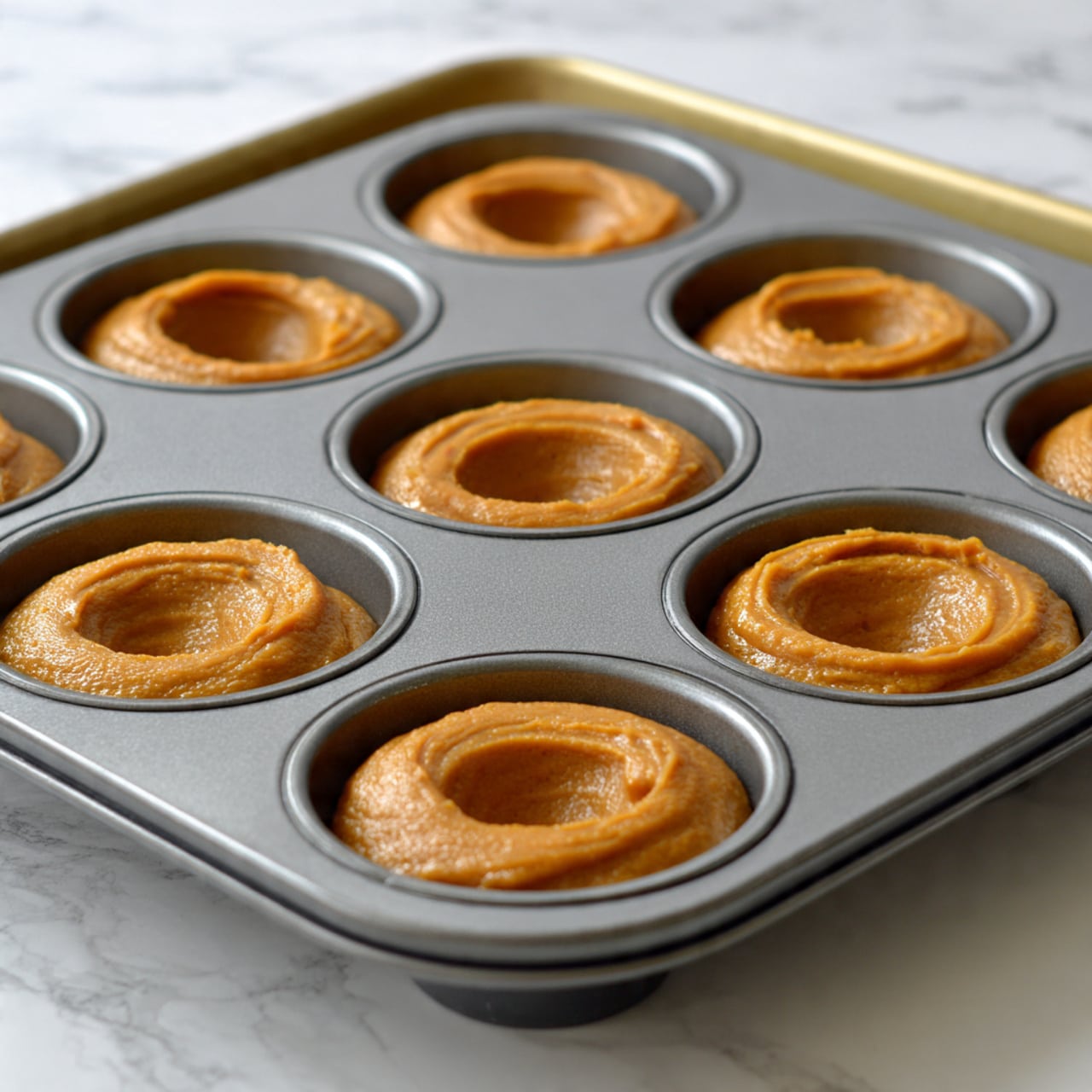 The image shows six brown donuts with a rough, slightly crumbly texture cooling on a black wire rack. The rack is on a beige baking tray with a textured surface. The donuts have a classic round shape with a hole in the center, and their color varies slightly from golden to a deeper brown. The background around the tray is a white marbled texture. photo taken with an iphone --ar 4:5 --v 7