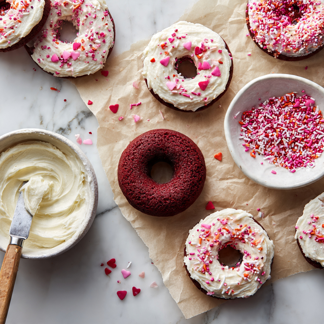 A group of small round chocolate donuts, some with creamy white frosting spread thickly on top and bright pink, red, and white sprinkles scattered over the frosting. One plain chocolate donut without frosting sits in the center on light brown parchment paper. To the left, there is a white bowl with smooth white frosting inside and a metal spatula with a wooden handle resting on the edge. A small light brown bowl filled with matching colorful sprinkles sits to the right. The scene is set on a white marbled surface. photo taken with an iphone --ar 4:5 --v 7