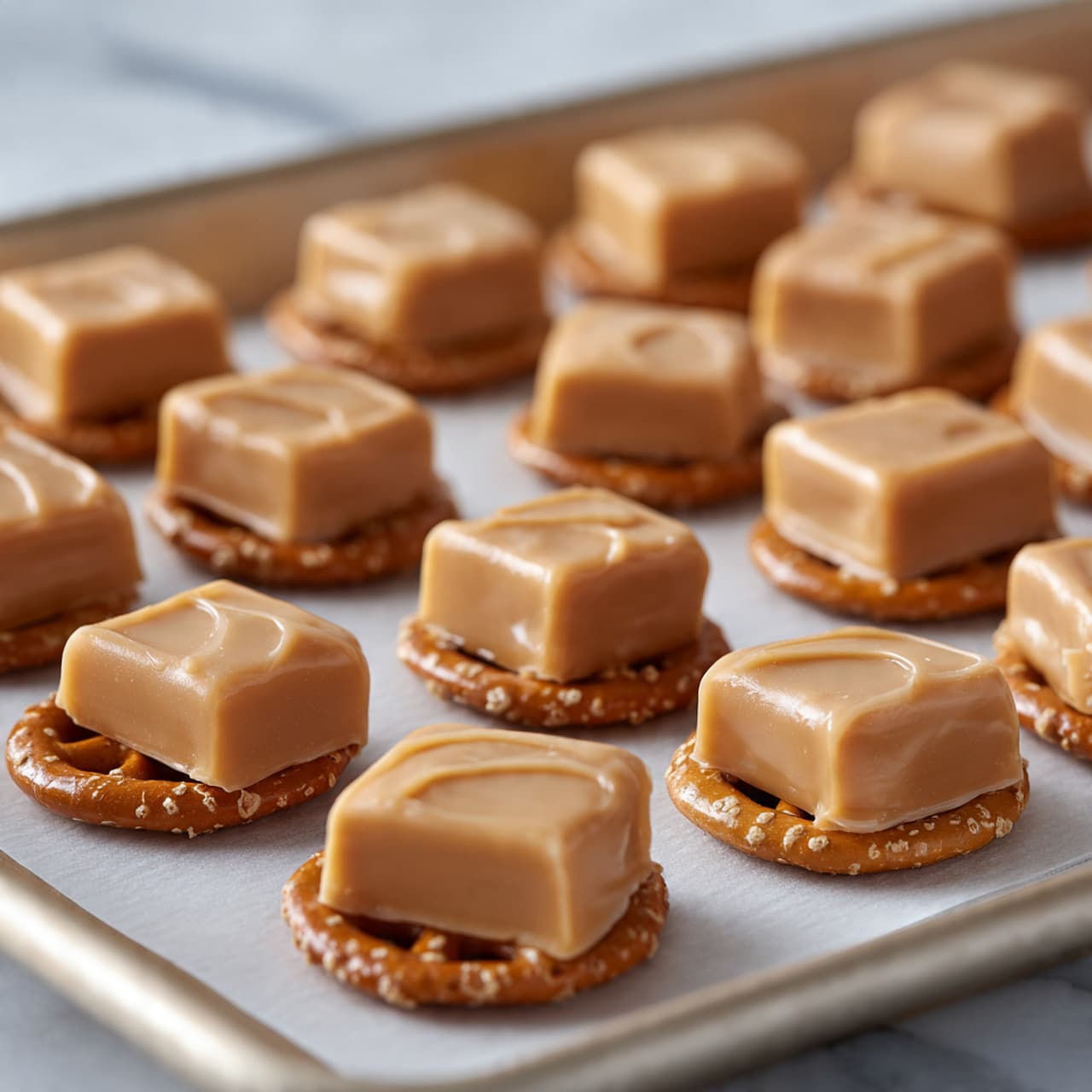 The image shows a tray lined with white paper holding many small square caramel candies placed on top of square pretzels. Each caramel is golden brown, smooth with slight shine and faint horizontal lines on the top, sitting neatly on a light brown pretzel with coarse salt visible. The tray itself is metal, resting on a white marbled surface, and the caramels are arranged in rows with even spacing between them. photo taken with an iphone --ar 4:5 --v 7