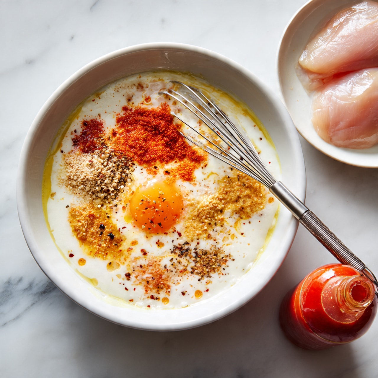 A white bowl filled with a thick white liquid base, topped with five different spices and an egg yolk on the surface. The spices are arranged in small piles of bright orange, pale yellow, and light brown, with the egg yolk bright orange-yellow near the center-right. A shiny metal whisk with a looped handle rests inside the bowl, partially submerged in the mixture. To the top right, a white plate holds two raw, pale pink chicken filets. Below on the right side, a squeezed bottle of bright red sauce lies on a white marbled surface that fills the whole background. photo taken with an iphone --ar 4:5 --v 7