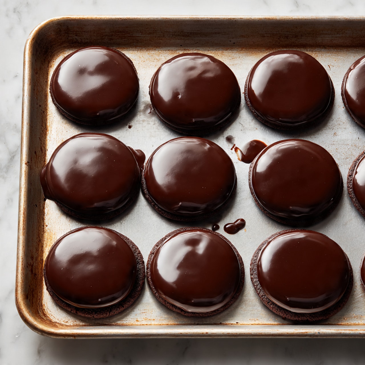 The image shows fifteen round chocolate-covered treats arranged neatly on a metal baking tray with a white marbled background. Each treat has a smooth, shiny, dark brown chocolate coating with slight drips extending from the edges, giving a glossy and rich look. The chocolate layer covers the entire top and slightly drips down the sides, creating an even and uniform finish on each circle. The tray has some texture marks, enhancing the homemade feel, while the consistent spacing between the pieces highlights their round shape clearly. photo taken with an iphone --ar 4:5 --v 7
