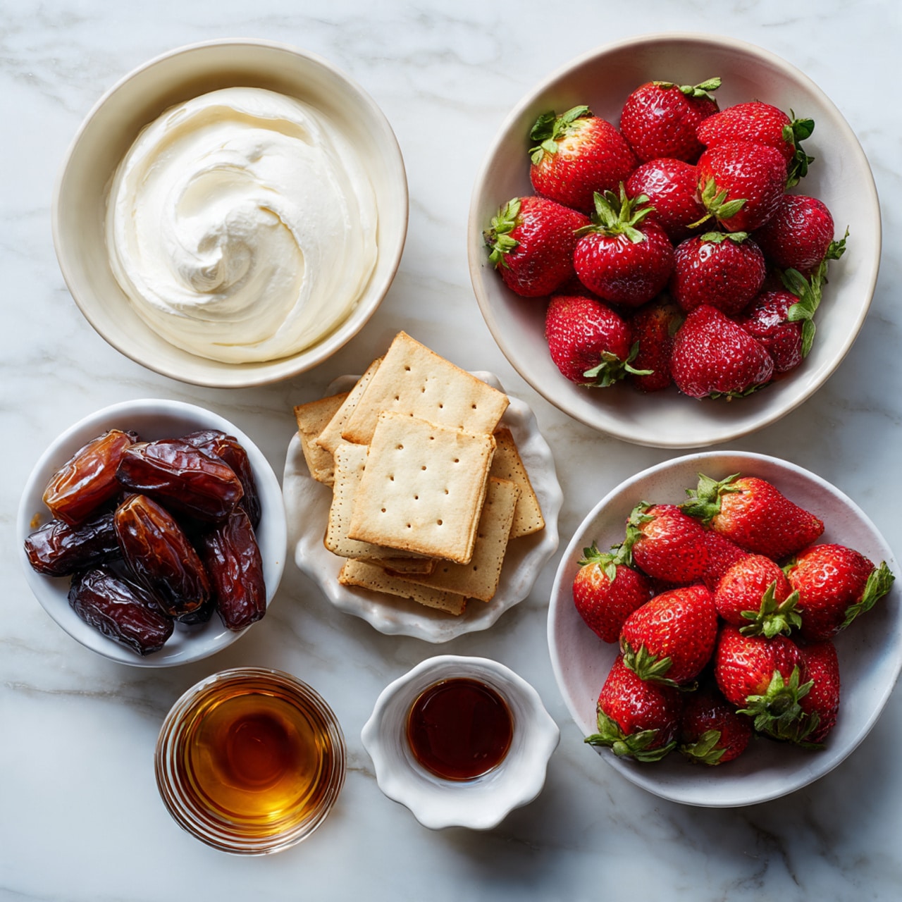 The image shows nine pink square cakes arranged on a white rectangular plate with light blue edges. Each cake has a smooth, slightly bubbly pink top layer, and a thin darker base layer at the bottom. On top of each cake, there are thin slices of bright red strawberries neatly placed, with some cakes having two or three slices. Around the plate, whole ripe strawberries with green leaves sit on a white marbled surface. Red crumbs are scattered gently over the cakes, plate, and surface, adding texture and color. A small white bowl with red crumbs is placed in the upper left corner. The photo is taken with an iphone --ar 4:5 --v 7