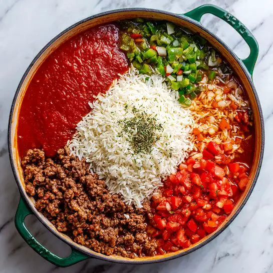 A deep black skillet with a green handle contains six distinct layers of ingredients. On the left bottom side is a layer of browned ground meat with a crumbly texture and deep brown color. Above the meat, there is a thick layer of smooth, bright red sauce. In the center, a mound of white rice sits on top of the other ingredients. To the right of the rice, two portions of diced tomatoes with a juicy, slightly chunky texture show a bright red color. The background of the skillet is filled with a finely chopped mix of onions, celery, and herbs in a clear broth with yellow and green hues. The skillet is placed on a white marbled surface. photo taken with an iphone --ar 4:5 --v 7