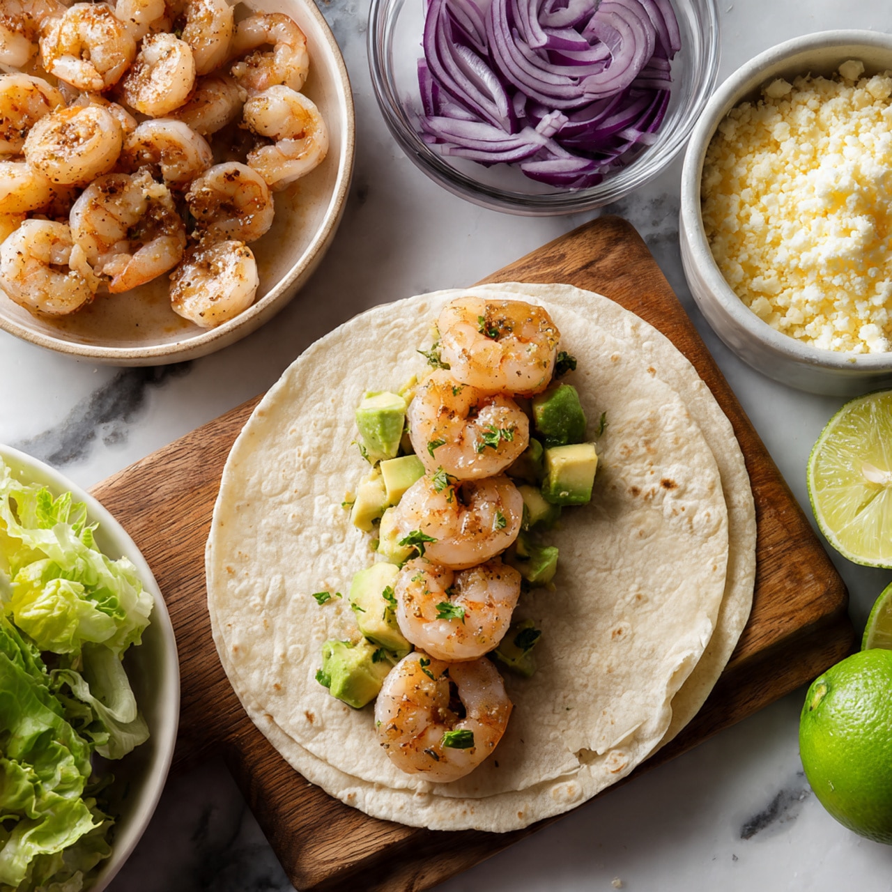 A soft wheat tortilla lies flat on a wooden board, topped with a line of six cooked shrimp that are light pink with small green herb bits, alongside chunks of fresh green avocado. Around the board, on a white marbled surface, there is a white pan filled with more shrimp, a clear small bowl with slices of purple-red onion, a white bowl with pale yellow crumbly cheese, a white bowl with green lettuce, and a cut lime showing its bright green inside. The scene is bright and clean, showing fresh ingredients ready to be assembled. photo taken with an iphone --ar 4:5 --v 7