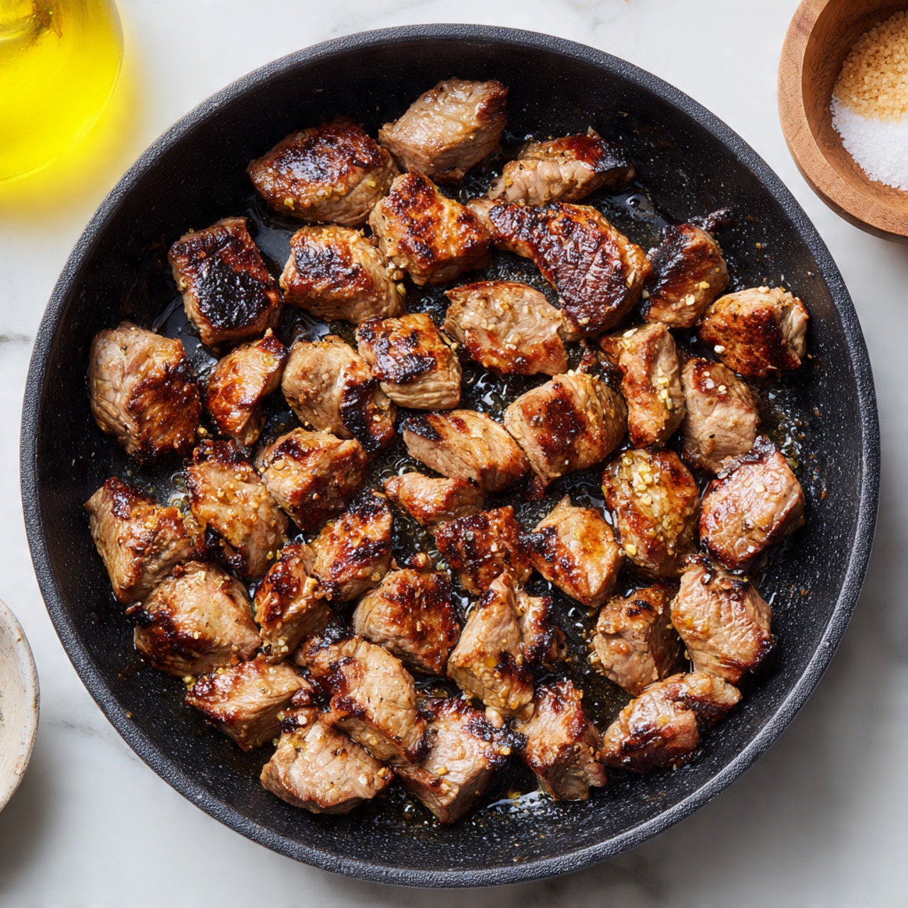 A close-up image of a black cast iron pan filled with multiple pieces of brown, seared meat chunks mixed with small golden-brown diced onions and green sliced scallions scattered on top. The meat pieces have a slightly crispy, browned texture on the outside, sitting in a glossy, dark brown sauce that mixes with the cooked onions. The pan is resting on a surface with white marbled texture, and part of a wooden bowl filled with black peppercorns is visible in the top right corner. Photo taken with an iphone --ar 4:5 --v 7