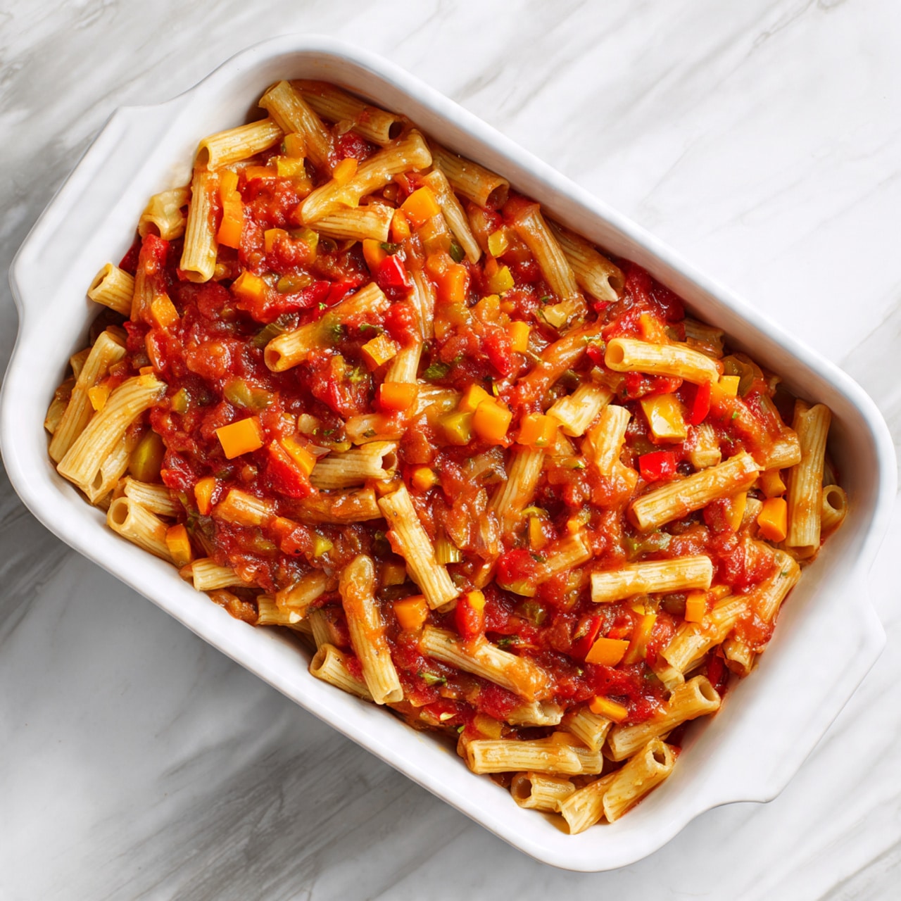 The image shows a white rectangular baking dish filled with a pasta dish made of short tube-shaped pasta coated in a chunky red tomato sauce with small pieces of orange and yellow vegetables mixed throughout. The pasta is evenly spread throughout the dish, with a soft and slightly glossy texture from the sauce, and some pieces have a light golden tint. The background is a white marbled surface. photo taken with an iphone --ar 4:5 --v 7