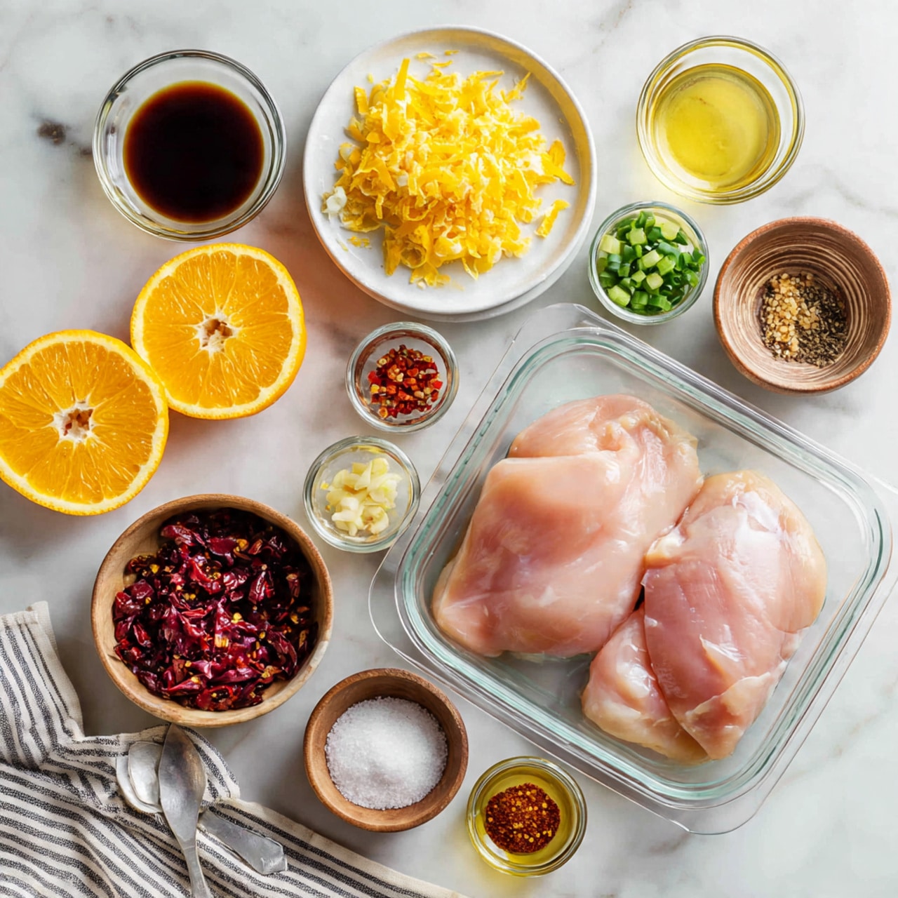A grey pan filled with many pieces of cooked chicken in a thick brown sauce with visible small bits of garlic or nuts sprinkled on top, resting on a white marbled surface with a grey and white striped cloth folded nearby, and a half-cut orange placed to the upper right side of the pan, photo taken with an iphone --ar 4:5 --v 7