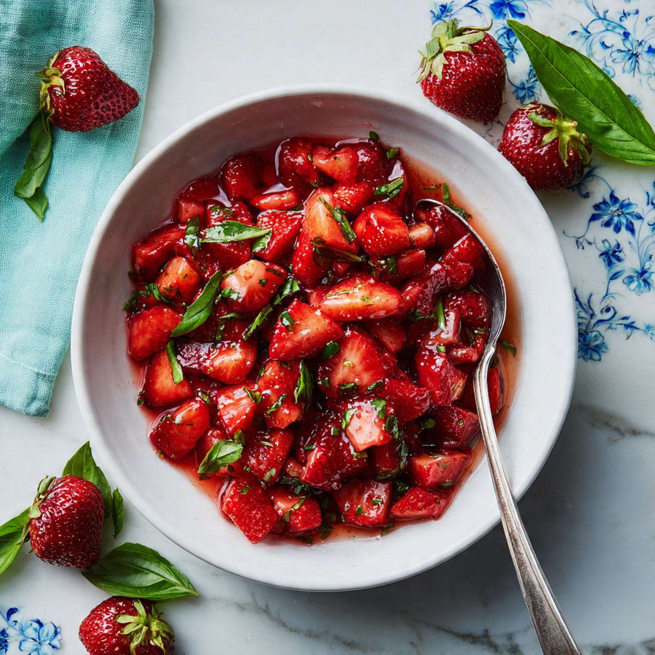 Strawberry Balsamic Bruschetta Recipe 4 A white bowl filled with bright red, chopped strawberries mixed with small green basil pieces, coated in a shiny syrup. A silver spoon rests on the right inside the bowl. The bowl is placed on a white surface with blue floral tile patterns. Around the bowl, there are whole strawberries and fresh green basil leaves scattered. A light blue cloth is visible on the left side. photo taken with an iphone --ar 4:5 --v 7