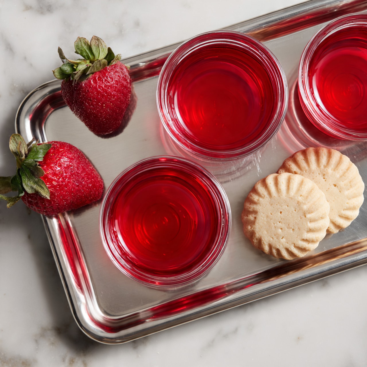 Three clear glasses filled with bright red jelly are placed upside down on a shiny metal holder. The glasses have smooth, transparent surfaces that show the deep red color inside. Two fresh red strawberries with green tops are set on the white marbled surface at the top left corner. At the bottom right, two light beige cookies with a swirled pattern are placed close to one another. The whole setup is on a white marbled textured background, and the photo is taken with an iphone --ar 4:5 --v 7