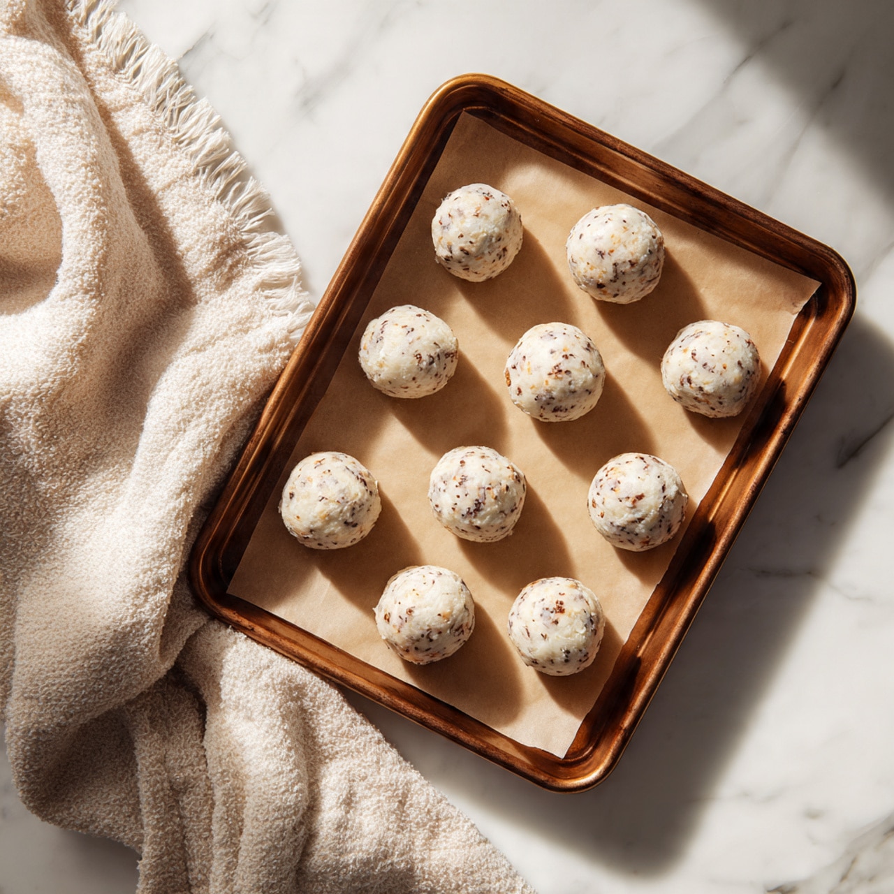 The image shows a close-up of a baking tray with nine small round dough balls arranged in three rows, each ball light beige with visible tiny brown specks throughout, placed on white parchment paper inside a bronze-colored tray. To the left, there is a soft, beige textured cloth that looks fluffy, set on a white marbled surface with subtle gray veins. The soft daylight casts gentle shadows from the dough balls to the right, adding depth to the simple, clean setup. photo taken with an iphone --ar 4:5 --v 7