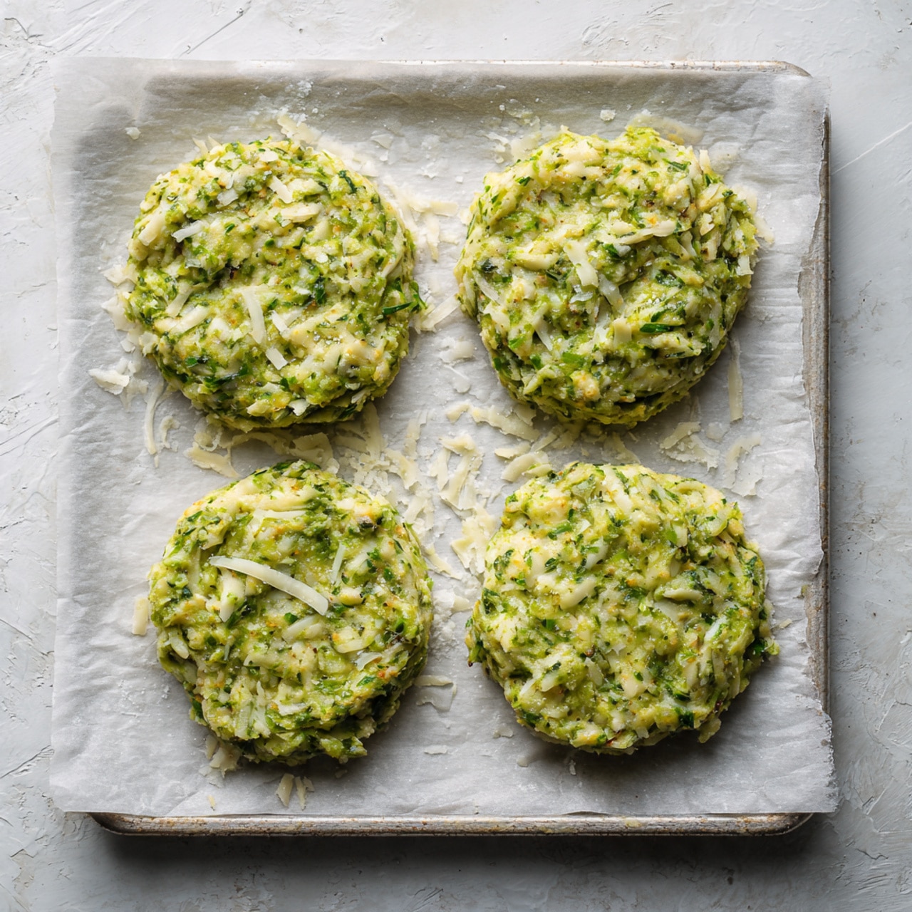 Four round, flat patties made from a green, chunky mixture with visible small shreds of white cheese spread evenly throughout. The patties are placed on a sheet of white baking paper that covers a light gray metal baking tray. The surface beneath the tray is a white marbled texture. Each patty has a slightly uneven edge with a rough, textured look showing small lumps and soft bits in the green mixture. photo taken with an iphone --ar 4:5 --v 7