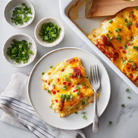 The image shows a white plate with a serving of creamy baked lasagna layered twice, with a golden melted cheese layer on top and a creamy orange sauce mixed with small red bits visible through the layers. The lasagna is topped with bright green chopped scallions and parsley, adding fresh color contrast. A silver fork rests on the right side of the plate holding a piece of lasagna, with a white marbled table surface underneath. To the right, there is a white rectangular baking dish with more lasagna and a wooden spatula inside, sitting on a striped cloth. Nearby, two small white speckled bowls contain chopped green scallions and parsley. Photo taken with an iphone --ar 4:5 --v 7