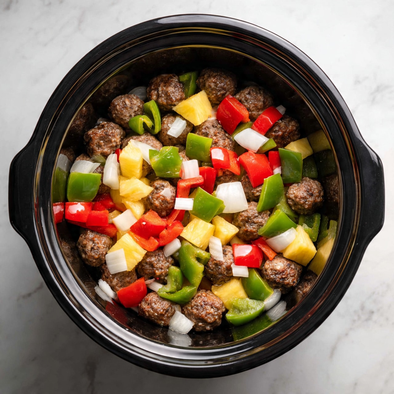Inside a black oval slow cooker, there are colorful diced vegetables and small meatballs layered together. The base layer shows small round brown meatballs, partly hidden under a mix of bright green bell peppers, red bell peppers, white onions, and yellow pineapple chunks that cover the top roughly evenly. The slow cooker sits on a clean white marbled surface, giving a fresh look to the image. photo taken with an iphone --ar 4:5 --v 7