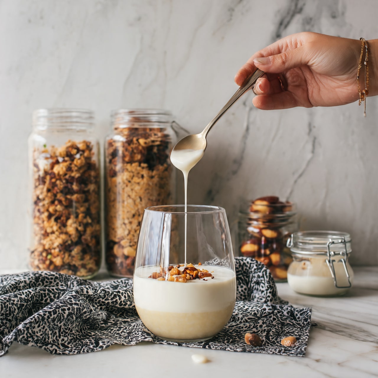 The image shows five clear glass bowls placed on a white marbled surface. The largest bowl, positioned on the right, is filled with smooth, creamy white yogurt. To its left, slightly lower, there is a bowl with chopped red strawberries, each piece glossy and fresh. Above the strawberry bowl, a larger bowl is full of round, plump, dark blue blueberries. To the left of the blueberries, another bowl contains granola with a textured mix of golden brown oats and dark red dried fruit bits. A red and white striped cloth is folded and placed on the upper left corner. Three whole strawberries are arranged above the yogurt bowl, and two vintage silver spoons lie next to it. A few loose blueberries are scattered near the granola bowl. The photo was taken with an iphone --ar 4:5 --v 7