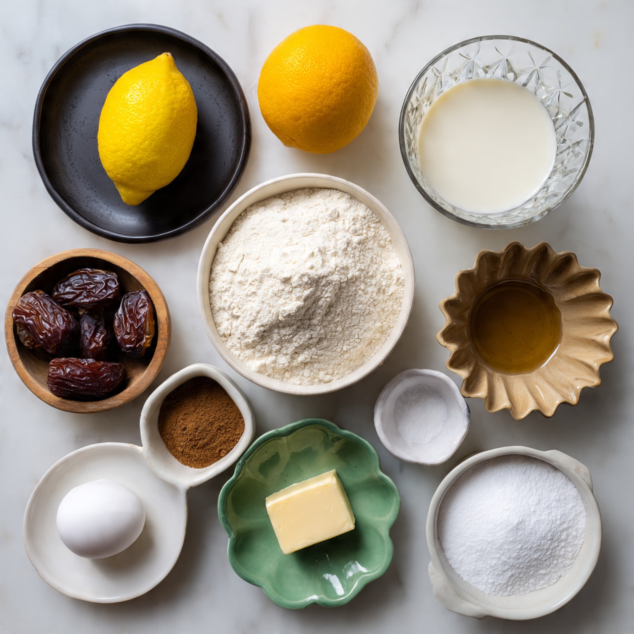 The image shows an overhead view of several small white bowls and dishes arranged on a white marbled surface, each holding different baking ingredients. Starting from the top left, there is a black round plate with a yellow lemon and an orange. To the right is a tall, faceted glass filled with milk. Below the plate is a scalloped brown dish with melted butter or oil. Near the center is a white bowl filled with white flour. Below the flour is a small scalloped green dish holding chopped dates with one large date on top. To the left of the dates is a small green bowl with a brown powder or spice, and next to it is a small white saucer with a square of butter. Bottom left shows a wooden bowl with one white egg. Near the egg is a small black dish with some salt. To the right of the salt is a small white scalloped dish with a white powder, likely baking powder. Above that is a small white dish with sugar. In the bottom right corner is a small white dish with a light brown liquid, possibly vanilla or syrup. The ingredients are neatly placed with a soft natural light highlighting their colors and textures, photo taken with an iphone --ar 4:5 --v 7