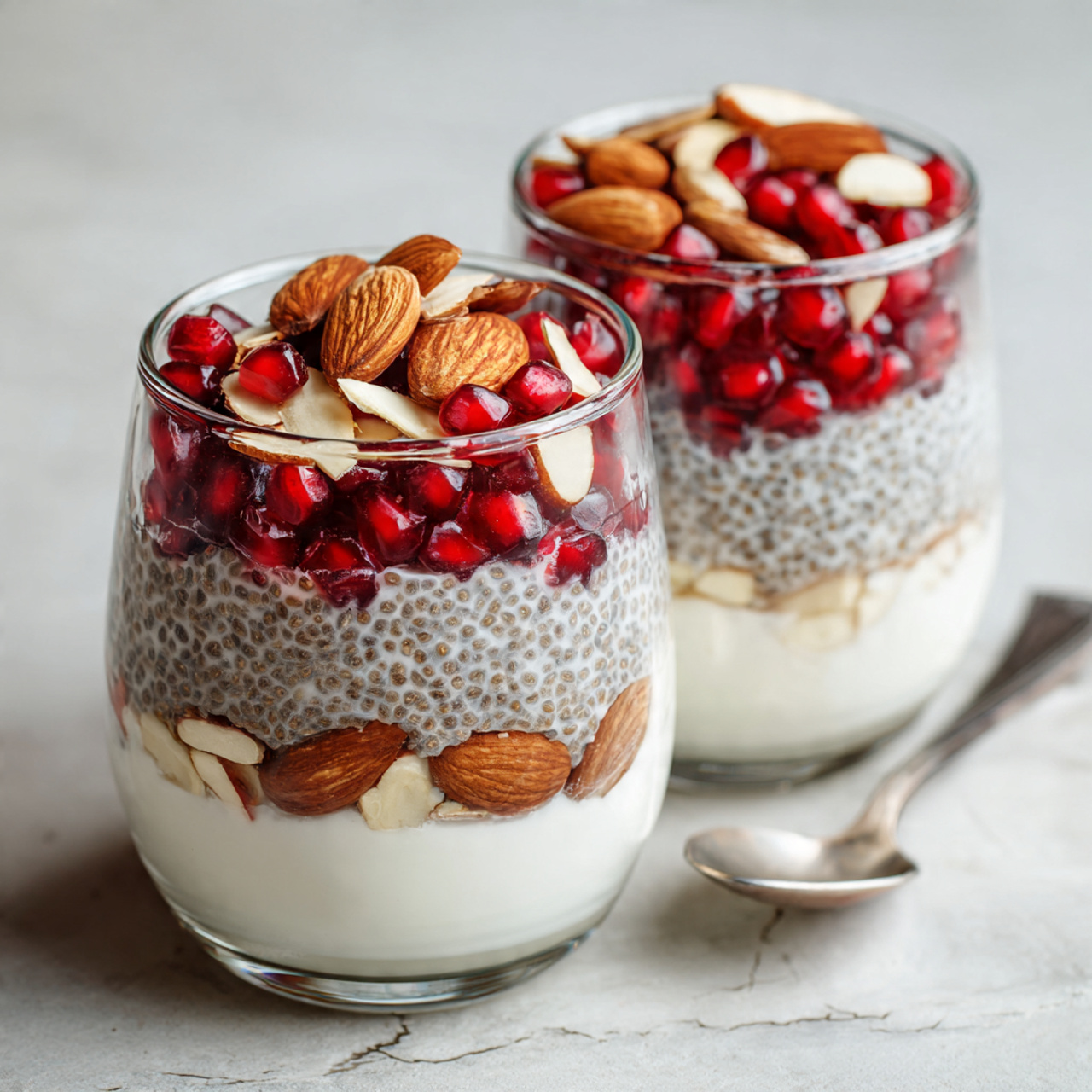 Pomegranate Chia Pudding Parfait Recipe 5 Two clear glasses filled with a layered dish sit on a white marbled surface. Each glass has five layers: at the bottom is a creamy white yogurt layer, followed by a layer of pale chia pudding with tiny black seeds. Above this is a layer of bright red pomegranate seeds, then a layer of sliced light brown almonds, and on top is another layer of chia pudding finished with scattered pomegranate seeds. A spoon lies next to the glass on the surface. Photo taken with an iphone --ar 4:5 --v 7