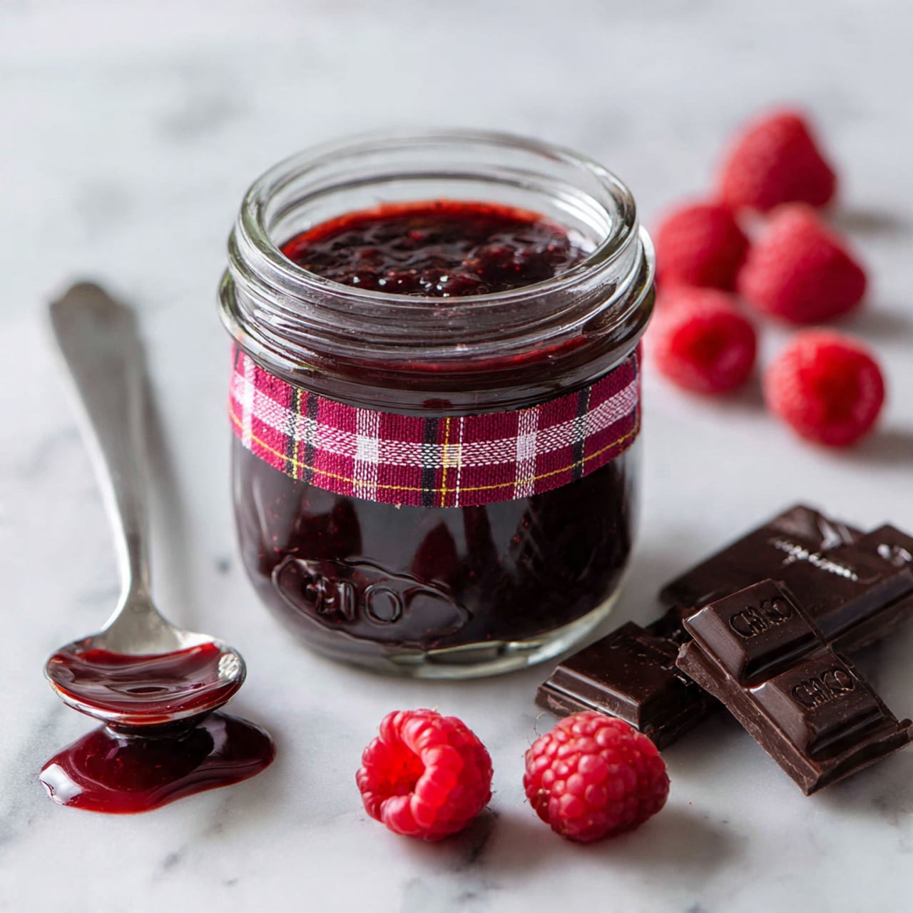A clear glass jar filled with thick, dark red chocolate raspberry jam sits at the center on a white marbled surface. The jar has a red and pink plaid band around its middle, and its black lid with white text lies open nearby. Fresh red raspberries and pieces of dark chocolate are scattered around the jar. A silver spoon, resting on the surface with jam dripping from it, is placed to the left of the jar. Two round black labels, reading