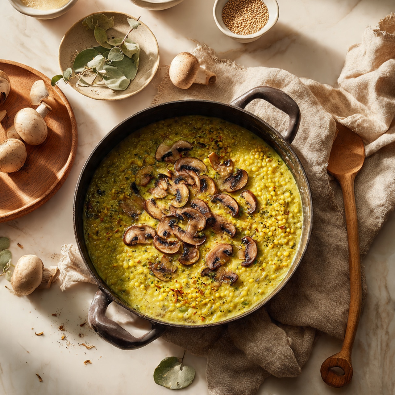 A black cast iron pan filled with a yellow-green creamy mixture with small round grains. On top, there is a layer of sliced brown mushrooms scattered unevenly. The pan is placed on a beige cloth on a white marbled surface. Around the pan, there are whole mushrooms, a wooden spatula, a wooden bowl with green leaves, and two white plates with sauces and seeds. The scene has warm lighting with a cozy feel. photo taken with an iphone --ar 4:5 --v 7