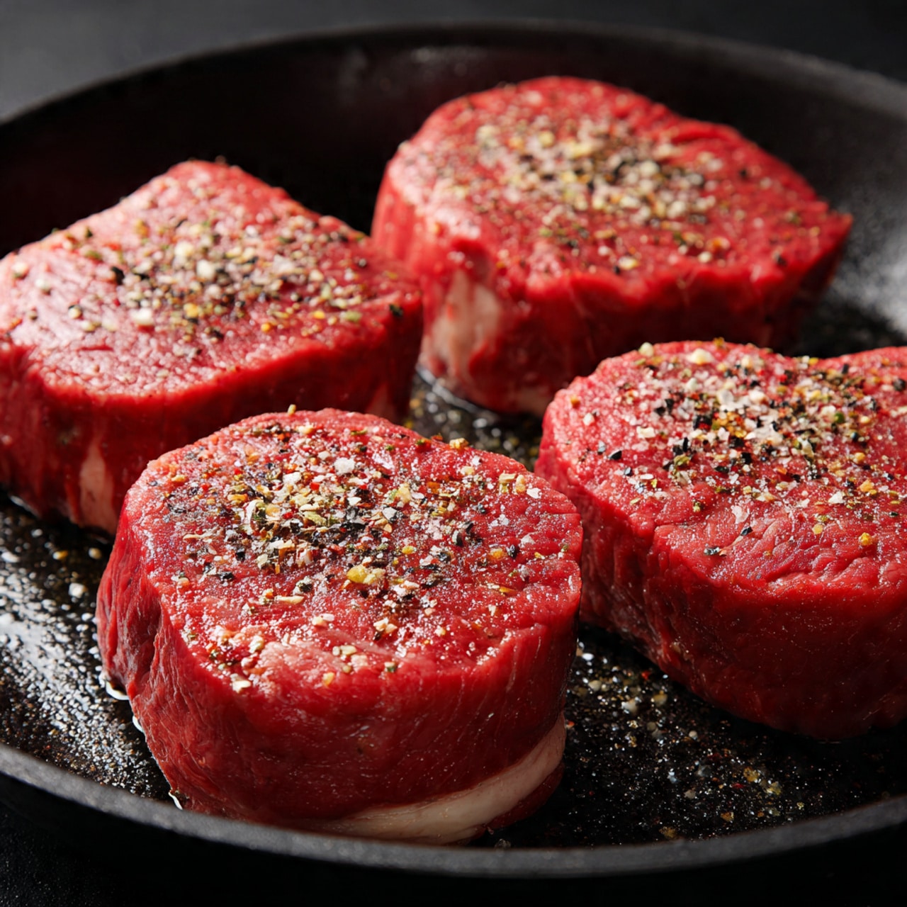 A white plate holds two thick, round pieces of steak cooked to medium rare, showing a pink center and a brown seared crust. Each steak is topped with a light brown mushroom and onion sauce, where thin mushroom slices and small pieces of onion add texture. The steaks rest in a pool of the creamy sauce, which is slightly glossy and sprinkled with small green herb pieces. A woman's hand holds a fork lifting a juicy, pink piece of steak from the plate. The background is a white marbled texture with soft lighting on the dish photo taken with an iphone --ar 4:5 --v 7