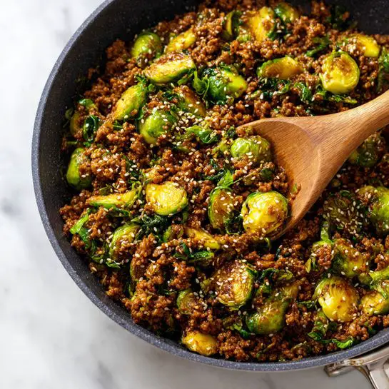 The image shows a close-up of cooked minced meat mixed with browned Brussels sprouts, scattered sesame seeds adding texture. The meat is brown and finely chopped, while the Brussels sprouts have golden edges and green leafy bits, some slightly crispy. The mixture is scooped up with a wooden spoon, highlighting the contrast between the rich brown meat and the vibrant yellow-green sprouts. The background features a white marbled texture. photo taken with an iphone --ar 4:5 --v 7