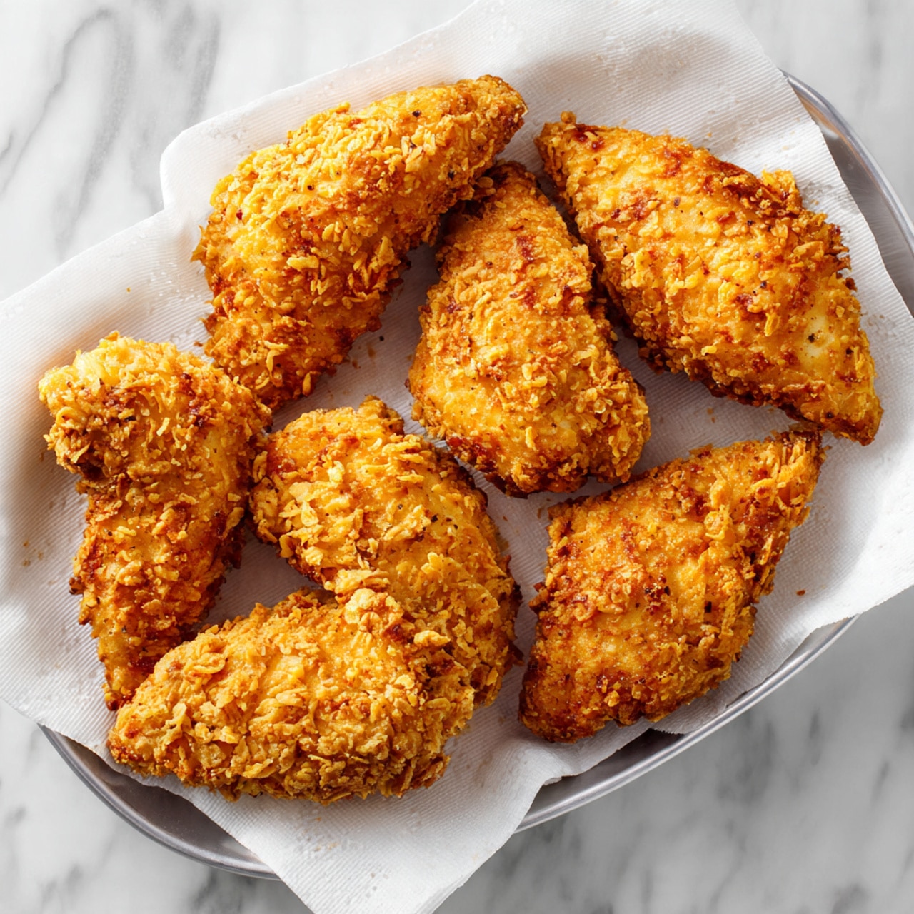 The image shows six pieces of golden brown fried chicken placed on a white paper towel on a silver metal tray. Each piece has a crispy and rough texture with an even coating of crunchy breading. The chicken pieces are arranged loosely, filling most of the tray with some space between them. The white paper towel slightly wrinkles around the edges and has absorbed some oil. The background is a white marbled surface. Photo taken with an iphone --ar 4:5 --v 7