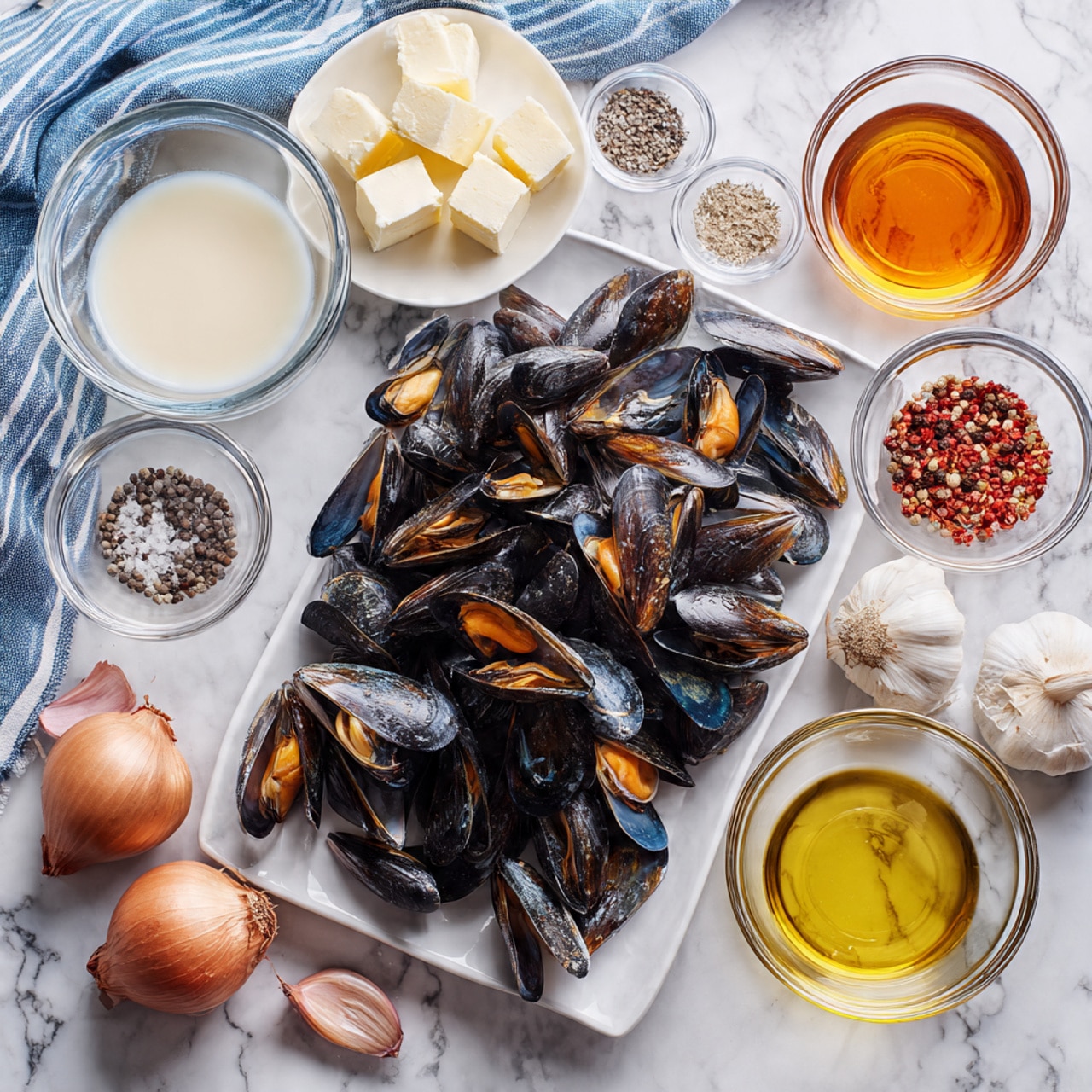 The image shows ingredients arranged on a white marbled surface with a white rectangular plate in the center holding a pile of black mussels with shiny shells and visible orange flesh. Around the plate are small glass bowls each containing different ingredients: a bowl of creamy white liquid, a bowl of clear yellow liquid, and a bowl of amber liquid. There are also small glass bowls with coarse salt, cracked black pepper, and red chili flakes. Nearby, a whole garlic bulb and two shallots with papery skins rest on the surface. A small glass bowl holds two cubes of butter. A striped blue and white cloth is draped in the top left corner. Photo taken with an iphone --ar 4:5 --v 7
