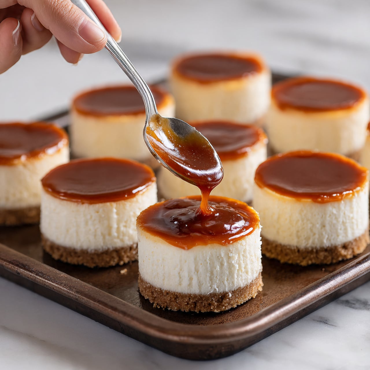 Several small cheesecakes are arranged on a dark brown metal tray. Each cheesecake has two layers: a light beige crust at the bottom and a creamy white cheesecake layer in the middle. The top layer is a shiny caramel-brown sauce being spread smoothly over the cheesecake by a woman's hand holding a silver measuring spoon. The background around the tray is a white marbled texture. photo taken with an iphone --ar 4:5 --v 7