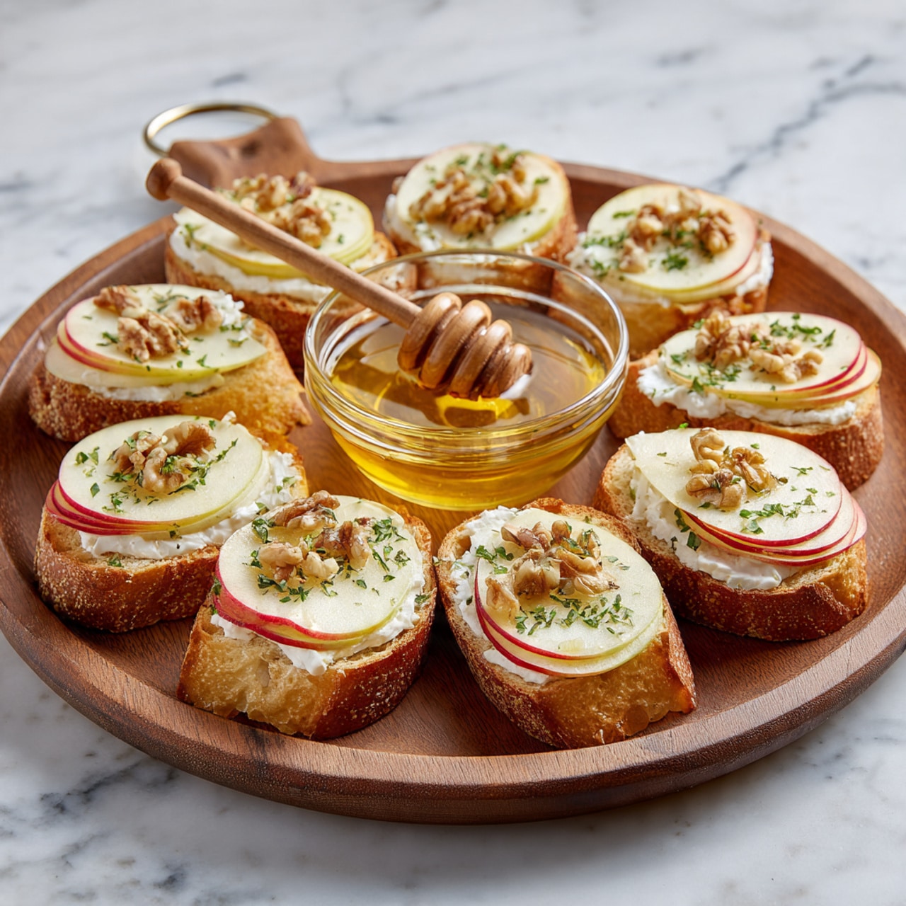The image shows a dark, worn baking tray with twelve small pieces of bread arranged in four rows of three. Each piece of bread is topped with a single thick slice of creamy, pale yellow cheese with white rind on the edges. The bread slices are light brown with a soft, porous texture and lightly toasted edges. The tray is placed on a white marbled surface. photo taken with an iphone --ar 4:5 --v 7