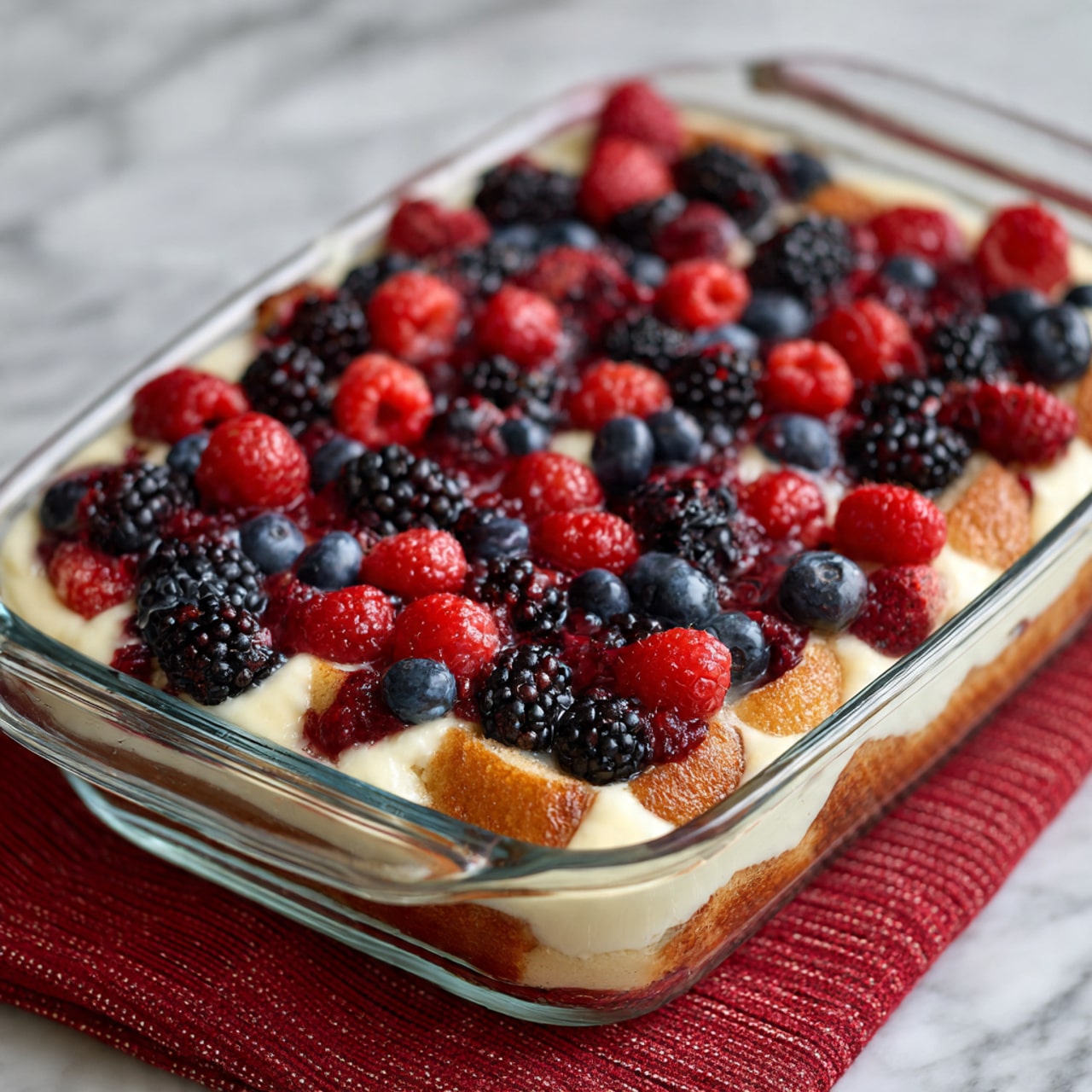 A slice of baked berry dessert sits on a white plate with soft edges, showing three main layers. The bottom layer is a light golden brown crust, firm and slightly thick. The middle layer is a creamy, pale yellow custard that looks smooth and rich. The top layer is a mix of baked berries including blackberries, blueberries, and strawberries, with deep purples, blues, and reds, some berries whole and others slightly crushed, creating a textured and juicy top. There are some small bits of white cream visible in the berry layer. A silver fork rests beside the dessert on the plate, and the plate is placed on a white marbled surface. photo taken with an iphone --ar 4:5 --v 7