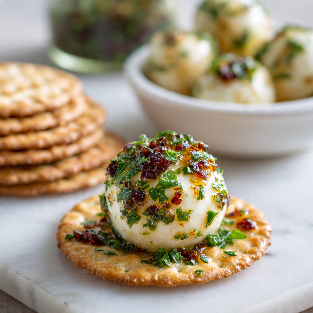 The image shows a close-up of a small round cracker topped with a ball of white cheese coated in finely chopped green herbs and small red chili flakes. The cracker has a golden brown color and a slightly rough texture with visible seasoning. Behind it, there are more similar crackers scattered on a white marbled surface. On the left side of the image, a white bowl filled with more herb-coated cheese balls is partially visible. In the background, there is a blurred glass container with some green and white contents. photo taken with an iphone --ar 4:5 --v 7