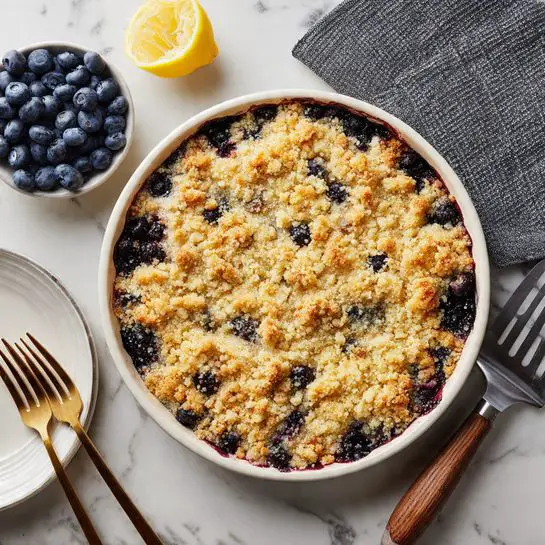 A round white baking pan with a golden-brown crumbly topping spreads evenly over a dark blueberry filling, visible in small gaps under the crumble. The pan is placed on a white marbled surface. Nearby, a small white bowl filled with fresh blueberries and a yellow lemon slice are seen. A white plate with three gold forks rests to the lower left, and a metal spatula with a wooden handle lies to the right. A gray textured cloth is partially visible in the upper right corner. Photo taken with an iphone --ar 4:5 --v 7