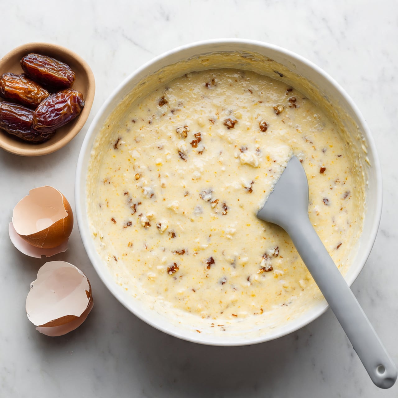 A white bowl filled with thick, creamy batter that is light yellow with orange specks mixed throughout, showing a slightly glossy and smooth texture with small lumps. A gray spatula is partially submerged in the batter, angled toward the right side. Next to the bowl, on a white marbled surface, there is a small brown dish holding two cracked eggshell halves. Photo taken with an iphone --ar 4:5 --v 7
