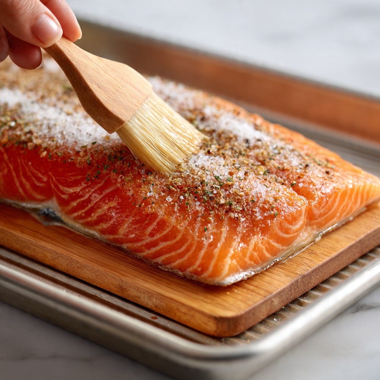 A thick piece of cooked salmon rests on a charred wooden plank, glowing with an orange-brown glaze on top. Six round, thin slices of orange with slightly browned edges are evenly spread across the salmon's surface, creating a layered pattern. The salmon rests on a white marbled surface, surrounded by bright orange fruit slices and green leaves blurred in the background. On the right side, a knife with a light wooden handle partially appears beside the plank. photo taken with an iphone --ar 4:5 --v 7