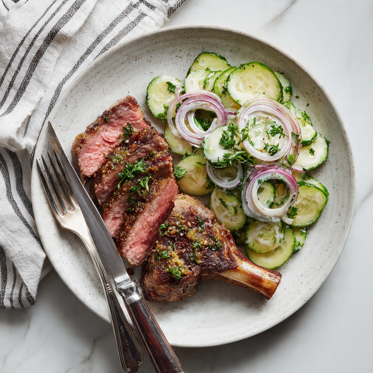 A white speckled plate on a white marbled surface holds a meal with two main parts: on the left, thick slices of medium-rare steak showing a warm pink inside with a browned, herb-covered crust on top; on the right, creamy cucumber salad made of thin round cucumber slices and ring-like slices of red onion mixed in white yogurt dressing with small green herb flecks. A shiny silver fork and knife rest on the plate's edge, with the fork near the bottom left and the knife crossing it diagonally. A striped white and gray cloth is partly visible in the top left corner. Photo taken with an iphone --ar 4:5 --v 7