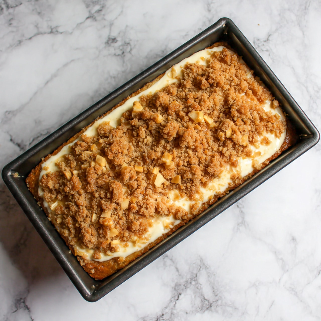A rectangular loaf cake sits on a round wooden board placed on a white marbled surface. The cake has a golden brown base with a crumbly dark brown streusel layer on top that looks rough and textured. White icing is drizzled over the whole top, dripping slightly down the sides. In the background, there are two red apples and a striped cloth partially visible, adding a warm and cozy feel to the setting. Photo taken with an iphone --ar 4:5 --v 7