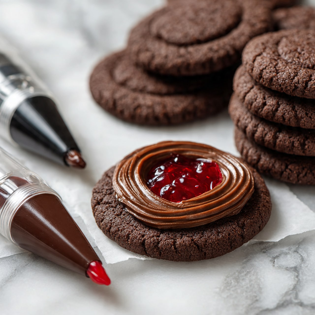 The image shows many small, round chocolate cookies arranged on a white marbled surface. One cookie is open and topped with a smooth, thick layer of dark brown chocolate cream, spread in a circular shape, with a small dollop of bright red jam placed in the center. Nearby, two piping bags lie on the surface: one filled with dark brown chocolate cream and the other with the red jam, with their tips resting on the surface. Several whole chocolate cookies with the same size and texture are stacked or spread around the area, creating a casual but neat arrangement. The photo taken with an iphone --ar 4:5 --v 7