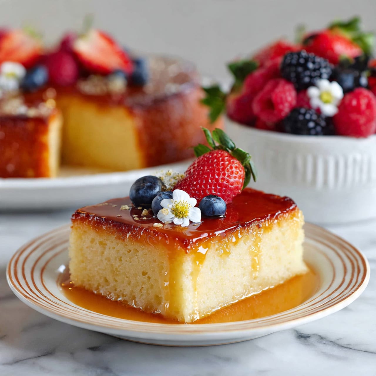A thick square slice of light golden cake with a soft and fluffy texture is topped with a shiny caramel glaze that slightly drips down the sides. On top of the glaze, there are fresh red raspberries, deep blue blueberries, and a small white flower arranged neatly. Behind the slice, the larger cake is visible, showing the same glaze and fruit decoration including halved strawberries with green leaves. A white plate holds the slice, and the background features more raspberries, strawberries, and blueberries on a white marbled surface. photo taken with an iphone --ar 4:5 --v 7