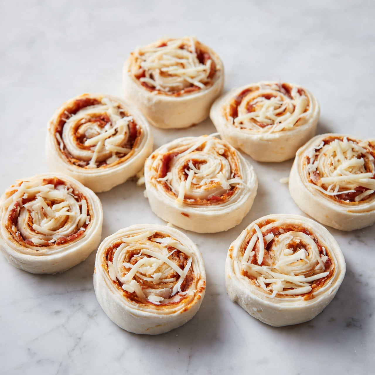 A rectangular piece of dough lies flat on a white marbled surface, spread evenly with a dark red tomato sauce that stops about half an inch from the edges. On top of the sauce is a thick layer of shredded white cheese covering most of the surface. Scattered evenly over the cheese are round pepperoni slices, each one a deep reddish-orange color with small specks of seasoning visible. The edges of the dough are plain, showing its pale beige color. photo taken with an iphone --ar 4:5 --v 7
