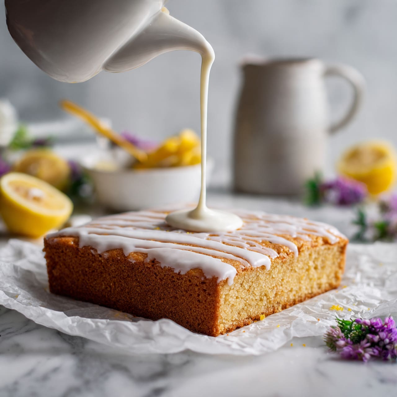 A square golden brown cake base is placed on crumpled white paper on a white marbled surface. Thick white icing is being poured in the center of the cake from above, forming a small mound. In the blurred background, there is a white cup, a gray ceramic jug, a white bowl with a lemon squeezer and lemon halves, some small purple flowers, and a yellow flower, all resting on the white marbled surface. Photo taken with an iphone --ar 4:5 --v 7
