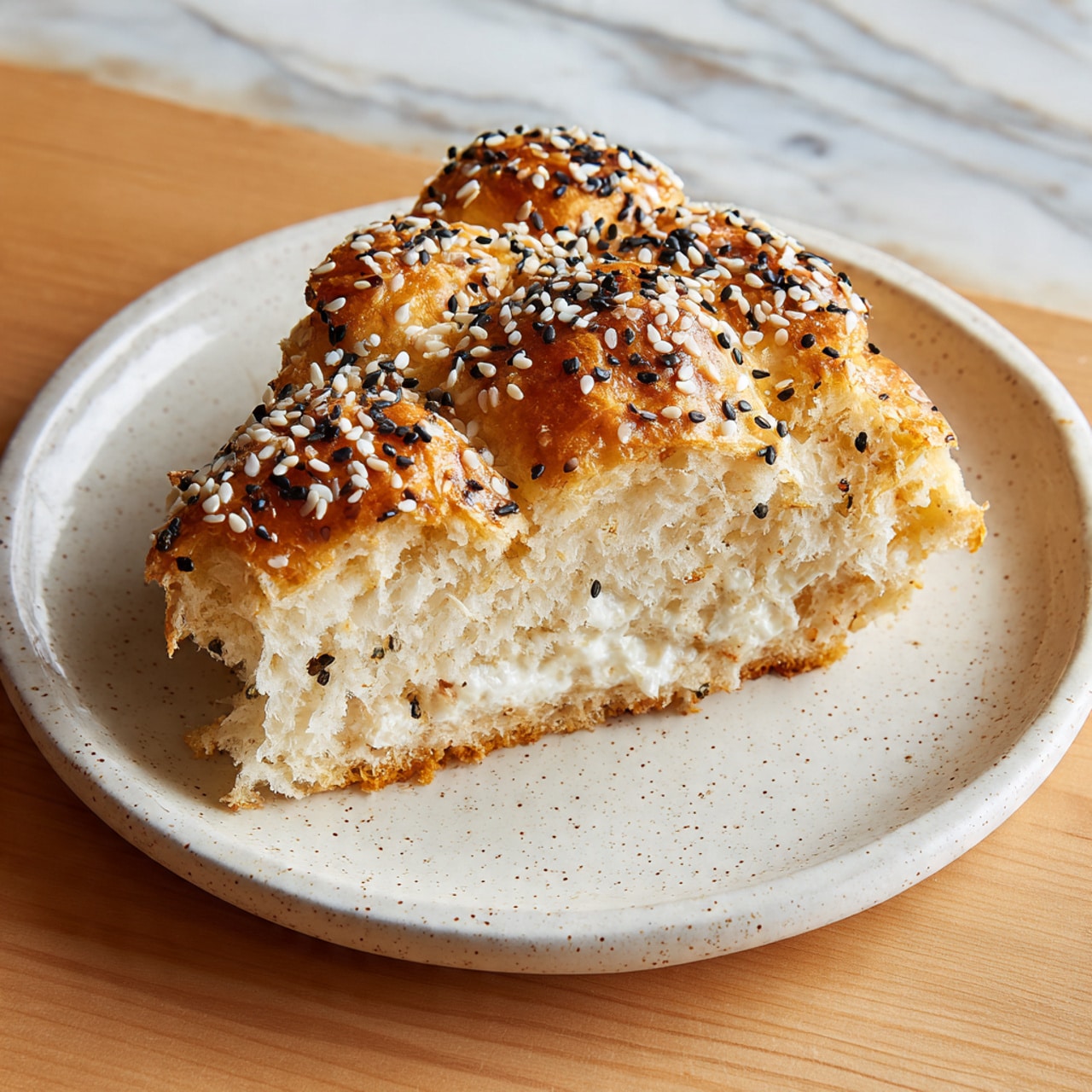 The image shows a round dish filled with small golden brown bread rolls, arranged in a tight circle forming one visible layer. Each roll has a shiny surface topped with sprinkled white and black sesame seeds, giving a slightly textured look. One piece is taken out from the middle, showing soft and fluffy white bread inside. On the right, a close-up shows a silver fork lifting one of the small rolls, revealing the airy, light texture inside. The dish is white and is placed on a white marbled surface. Photo taken with an iphone --ar 4:5 --v 7