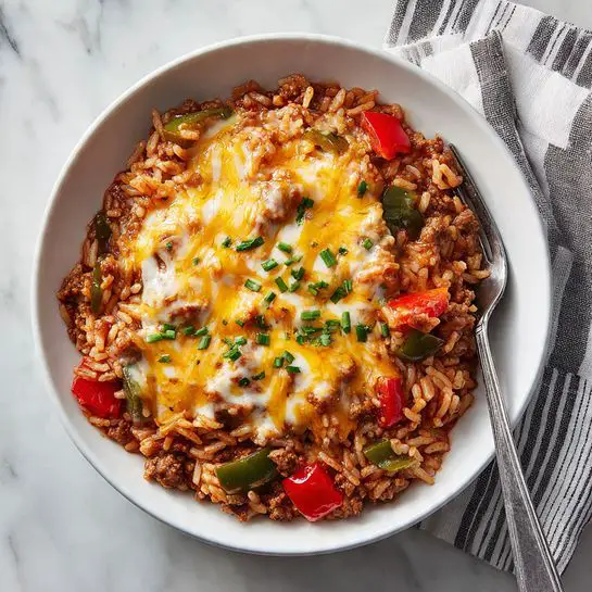 In a deep white bowl with speckled texture, a layered dish features a base of cooked rice mixed with chunks of browned ground meat and diced red and green bell peppers, all coated in a red tomato sauce. On top, melted cheese in creamy yellow and white colors stretches slightly over the ingredients, creating a smooth and gooey texture. Fresh green herb bits are sprinkled over the entire dish, adding a touch of brightness. A silver fork rests on the right side of the bowl on a beige cloth with black stripes, all set against a white marbled surface photo taken with an iphone --ar 4:5 --v 7