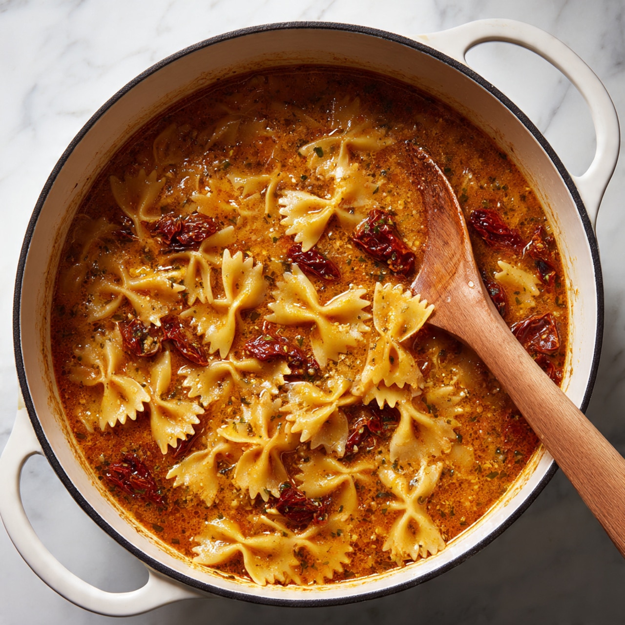 A large white pot filled with a thick, orange-red liquid base mixed with small, yellow farfalle pasta pieces partially submerged. The liquid has bits of dark red sun-dried tomatoes and herbs scattered throughout. A wooden spoon with a smooth grain is resting inside the pot, partially covered by the sauce and pasta. The pot is placed on a white marbled surface. photo taken with an iphone --ar 4:5 --v 7