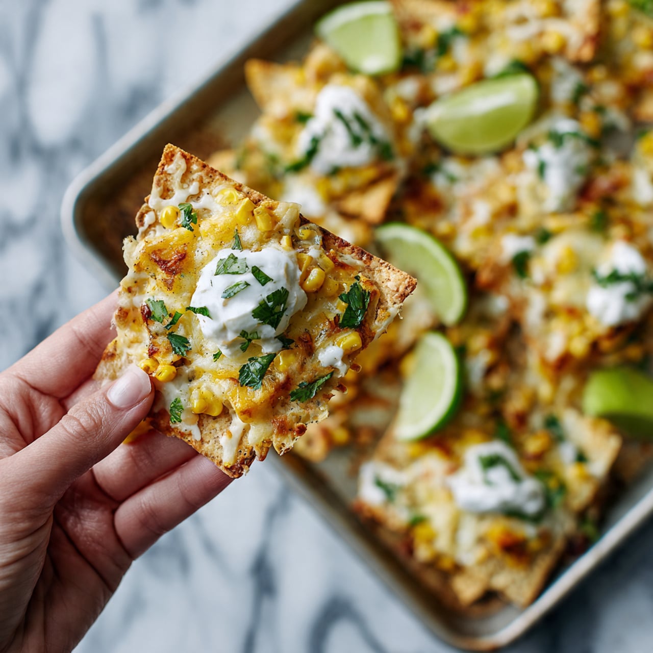 A close-up of a woman's hand holding a small, triangular chip with melted cheese, corn kernels, green herbs, and a dollop of white cream on top. Below is a white marbled surface with a tray of loaded nachos, showing layers of chips with melted cheese, scattered corn kernels, green herbs, and light sauce drizzled on top, decorated with small lime slices. The colors are warm and fresh with a mix of creamy white, yellow, and bright green. Photo taken with an iphone --ar 4:5 --v 7