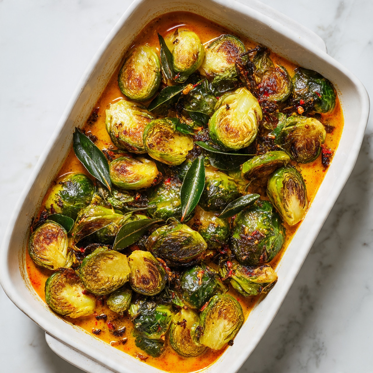 A white rectangular baking dish filled with a single layer of roasted Brussels sprouts, each cut in half showing a bright green color with golden-brown, slightly charred edges. The sprouts sit on a vibrant orange sauce base that looks rich and slightly oily, with small dark bits scattered around, adding texture contrast. The dish rests on a white marbled surface with warm lighting highlighting the crispy and juicy textures of the Brussels sprouts. photo taken with an iphone --ar 4:5 --v 7