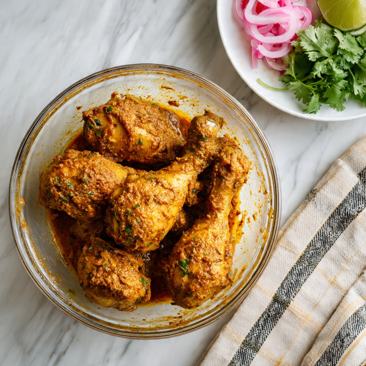 Four pieces of bright orange roasted chicken legs with a coarse, spiced coating are placed on a round white plate with intricate patterns on the edge. Small green coriander leaves scattered over the chicken add a fresh touch. Two lime wedges, one on the plate near the chicken and one next to the plate, show bright green inside. In the background, a small white bowl with thinly sliced red onions and lemon slices is partly visible on a white marbled surface. Photo taken with an iphone --ar 4:5 --v 7
