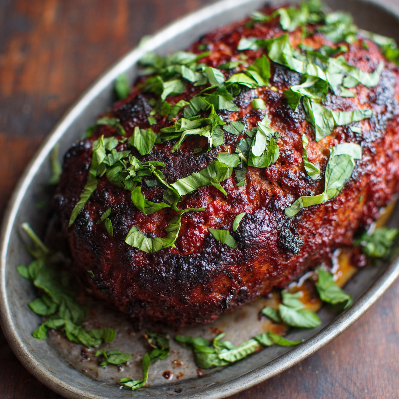 Cheddar-Stuffed Sweet Potato BBQ Turkey Meatloaf Recipe 5 A single oval-shaped meatloaf with a deep reddish-brown baked surface texture, shiny and slightly rough, topped with scattered bright green herb leaves all over, sits on a dark, rustic textured metal baking tray with small bits of herbs around it; the meatloaf is centered and the overall scene has warm tones. photo taken with an iphone --ar 4:5 --v 7